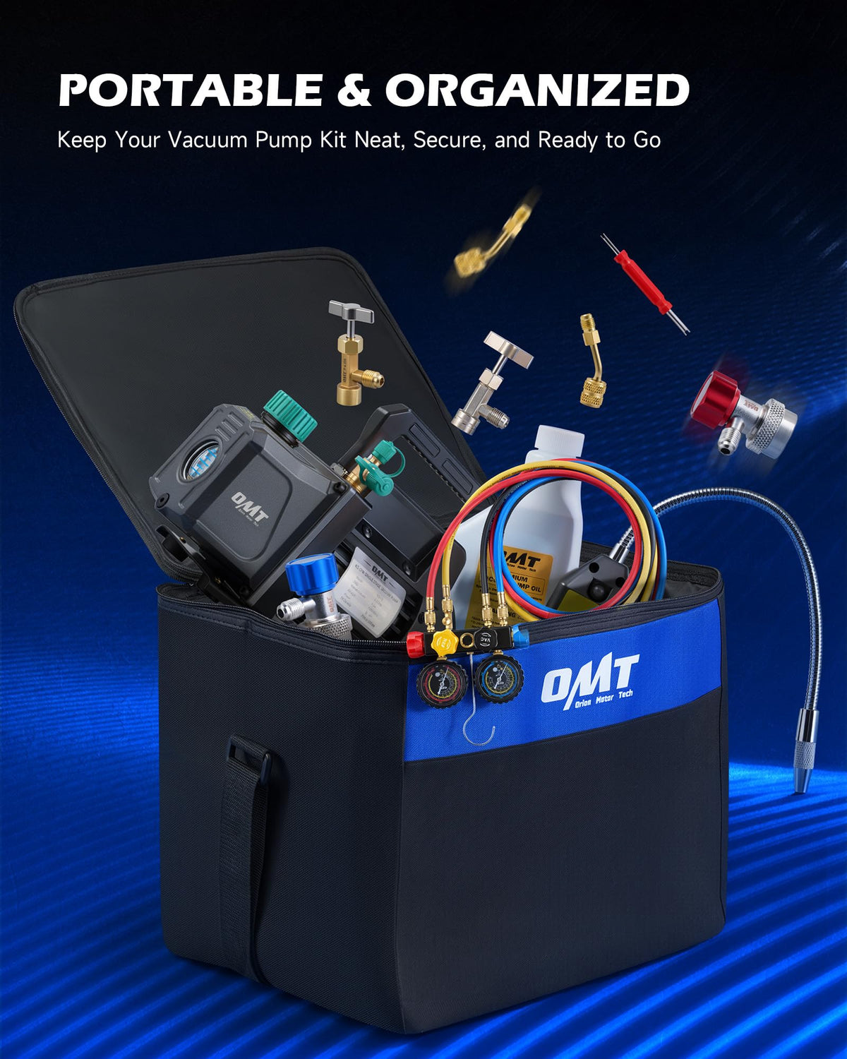OMT 4.5 CFM AC Vacuum Pump and Gauge Set for R134a R22 R410a, Blue
