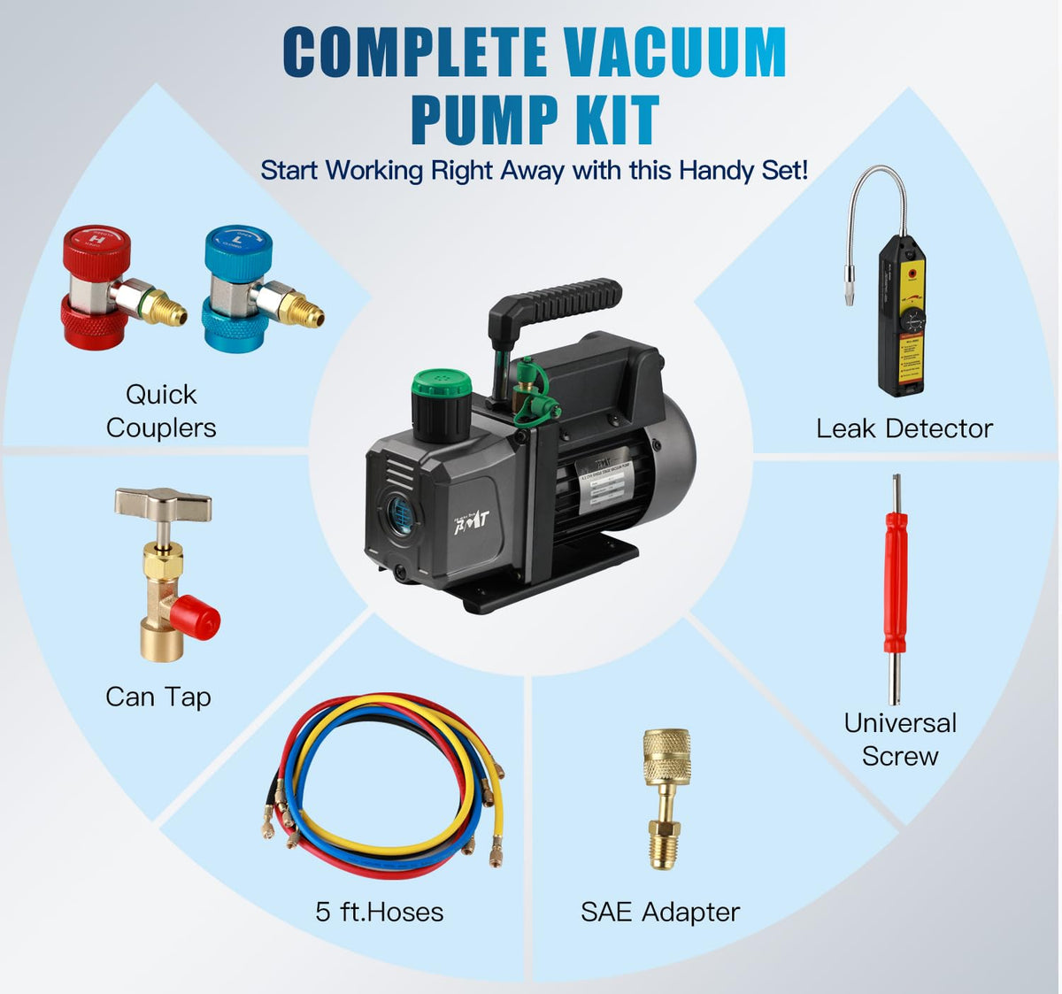 PB Motor Tech Vacuum Pump Kit with 3-Way Manifold Gauge & Leak Detector