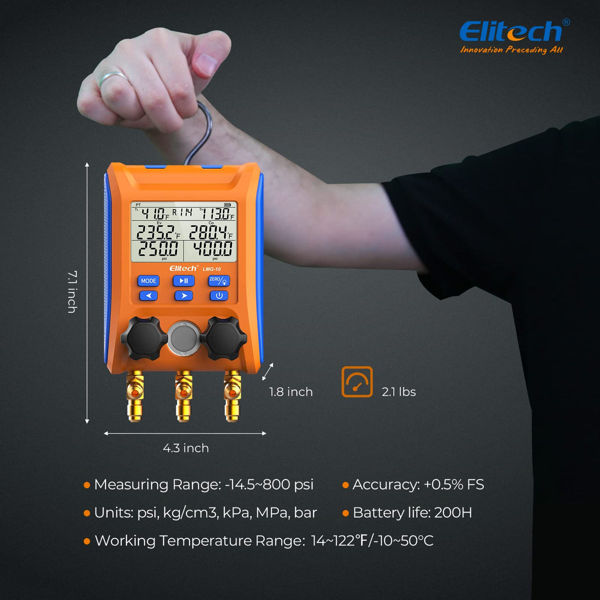Elitech LMG-10Plus HVAC Digital Manifold Kit w/Hoses & R410A Adapter