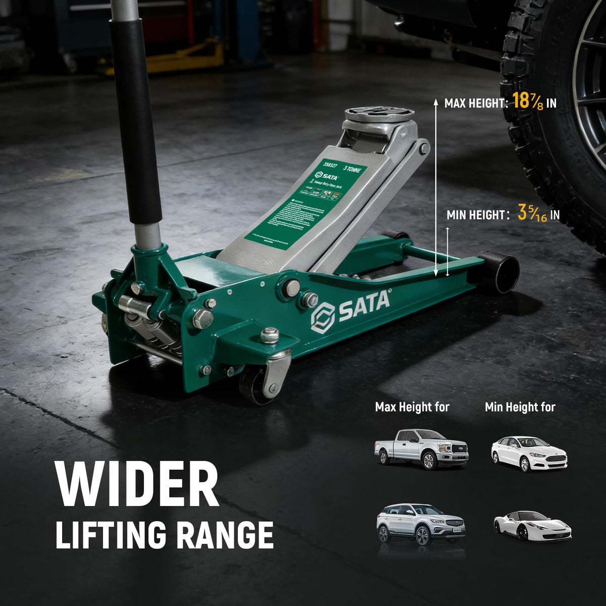 SATA 3-Ton (6,600 lb) Heavy-Duty Steel Floor Jack Ultra-Low Profile Design (2-11/16” Height) with Dual-Piston Quick Lift Pump, Tested for 1.5X Overload for Ultimate Safety