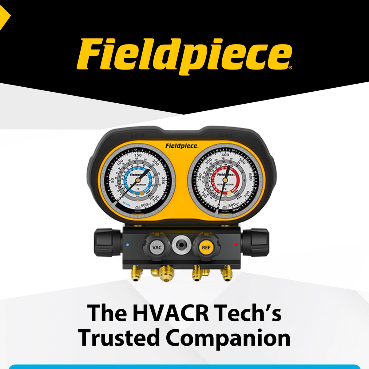 Fieldpiece GS422F 4-Port Analog Manifold Gauge Set | HVACR Refrigerant Manifold w/Sight Glass - Compatible with R22, R32, R454B, R410A - Swappable Hose Holders & High-Grip Knobs