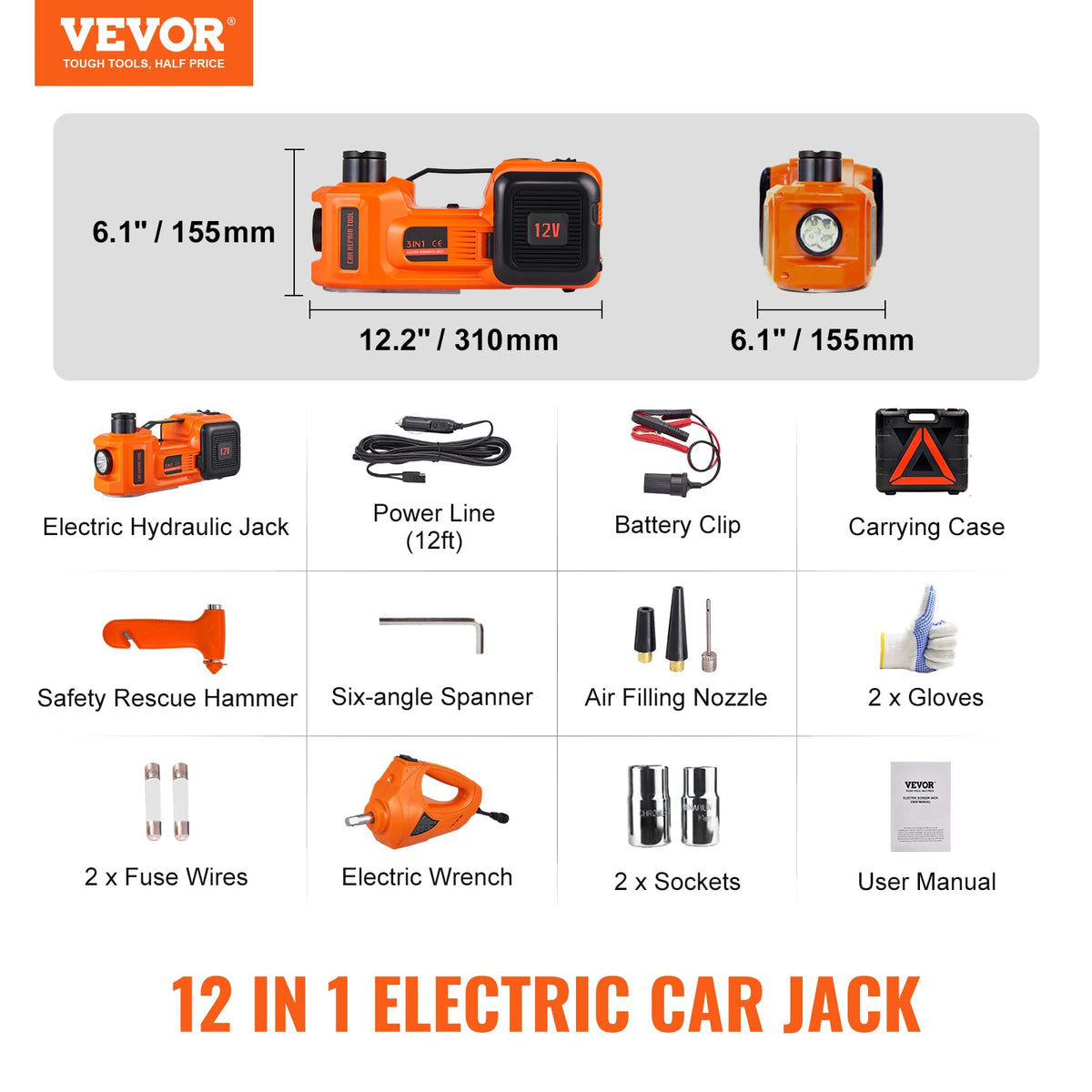 VEVOR Electric Car Jack 5 Ton with Electric Impact Wrench & Inflator Pump