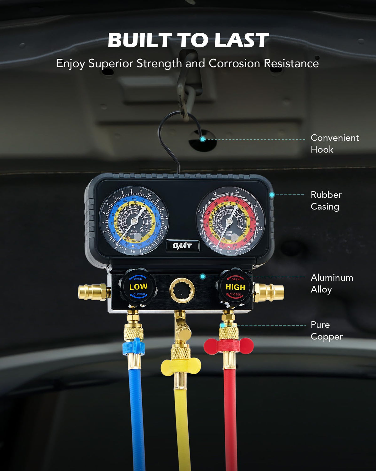 OMT AC Manifold Gauge Set with 5ft Hoses for R1234yf R404a R134a, 3 Way