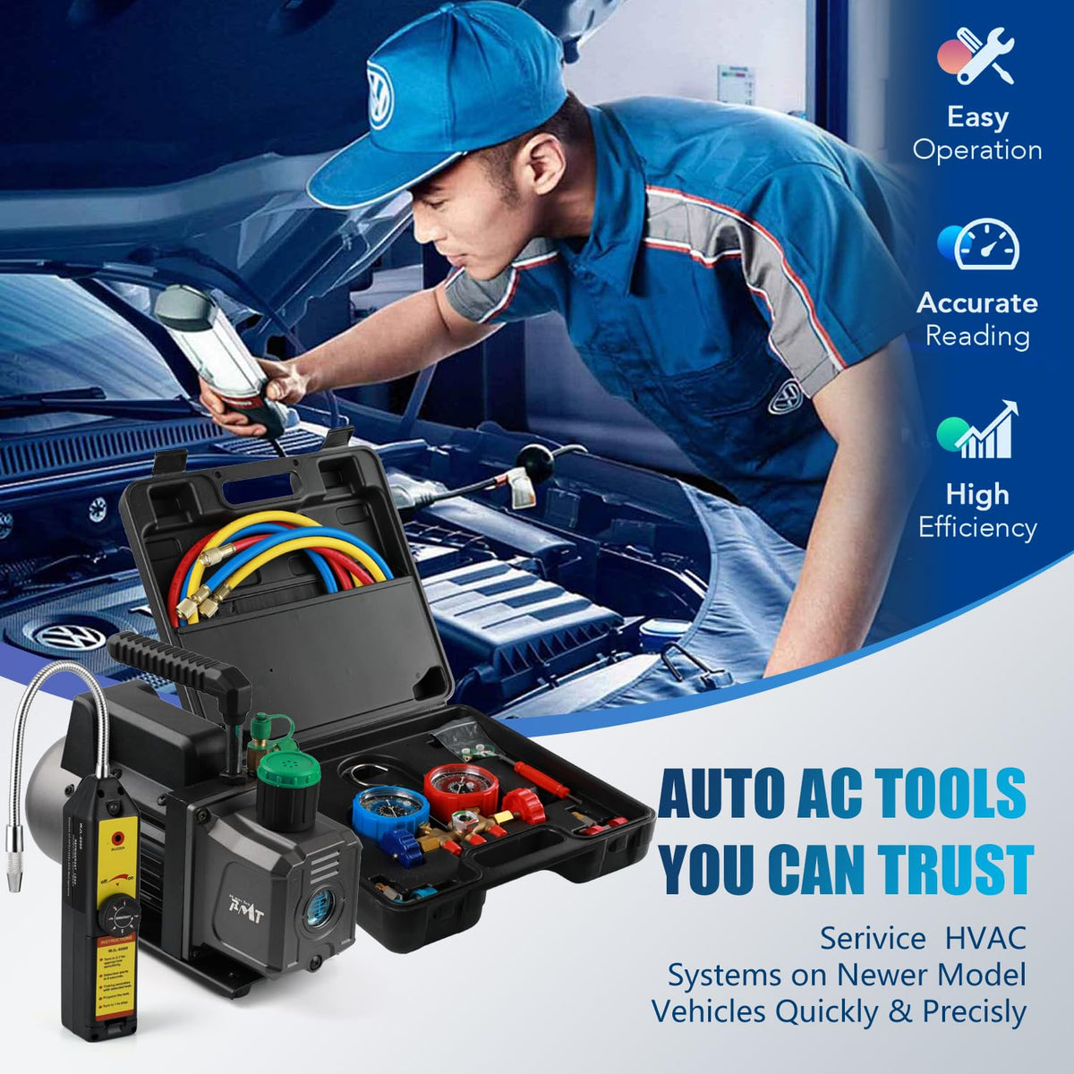PB Motor Tech Vacuum Pump Kit with 3-Way Manifold Gauge & Leak Detector