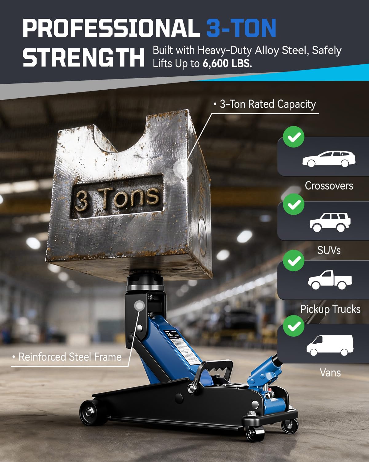 AUTOWN 3 Ton Floor Jack, Alloy Steel Hydraulic Car Jack with Quick Lift & Cross-Shape Rubber Pad, 7.1-20.9 Inch Lifting Range for SUV Truck (6600 lbs)