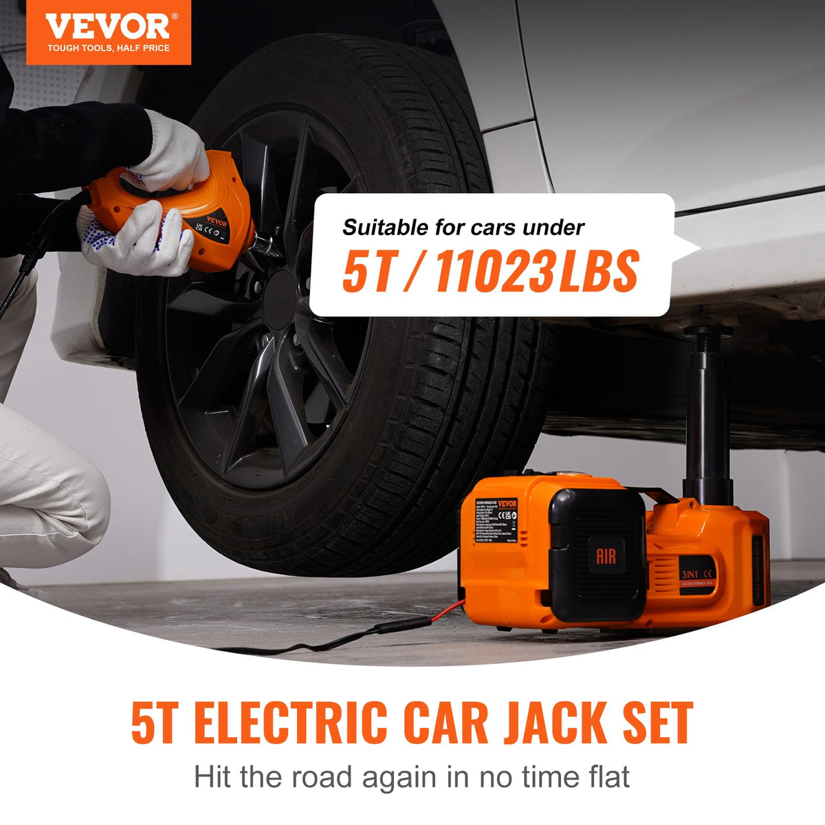 VEVOR Electric Car Jack 5 Ton with Electric Impact Wrench & Inflator Pump