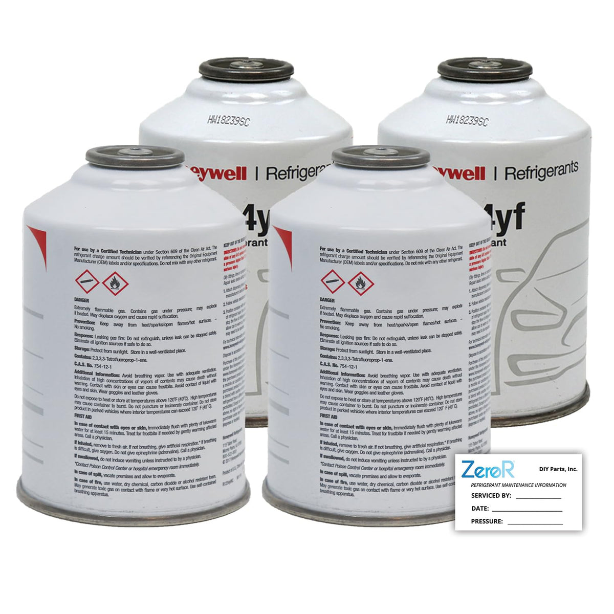 ZeroR Genuine R1234YF Refrigerant Can for Automotive AC Systems - HFO-R1234YF, SSV Can with Reverse-Thread Design, Included Service Sticker - Compatible with R1234YF Systems - 8 Oz, 4 Can