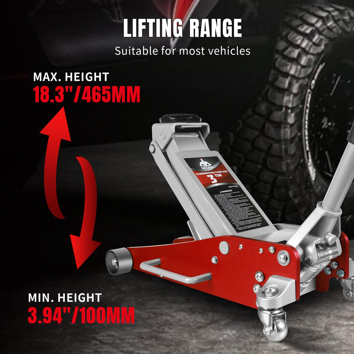 Jack Boss 3 Ton Low Profile, Aluminum and Steel Racing Floor Jack with Dual Pistons Quick Lift Pump, 1.5X Overload Tested for Safety, Sport Utility Vehicle, Lifting Range 3-15/16" min to 18-5/16" max