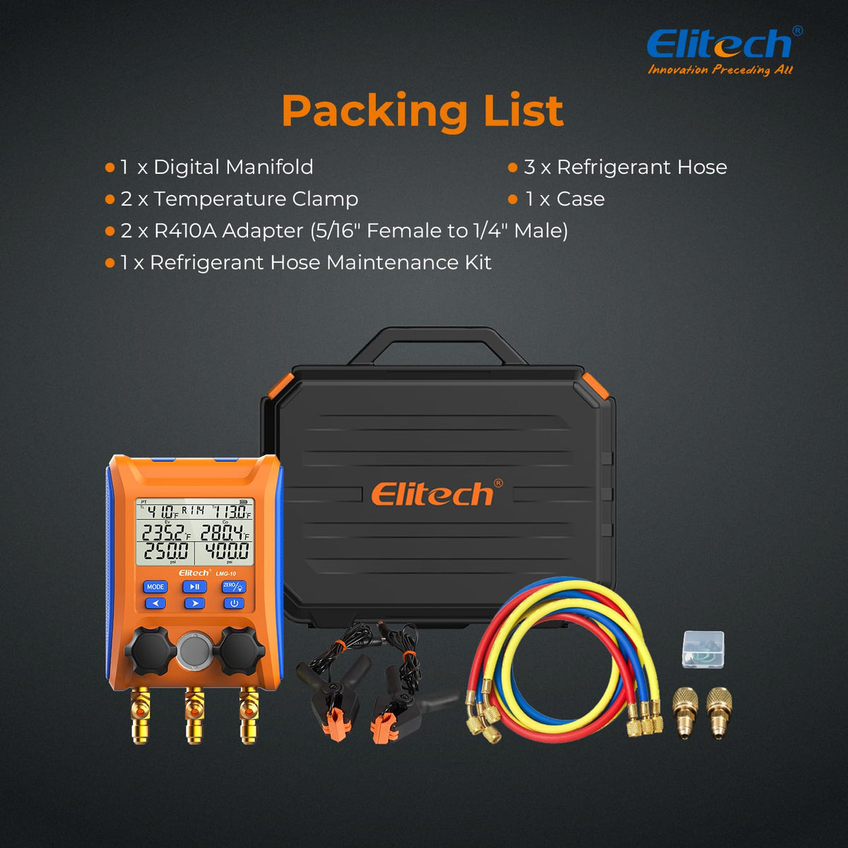 Elitech LMG-10Plus HVAC Digital Manifold Kit w/Hoses & R410A Adapter
