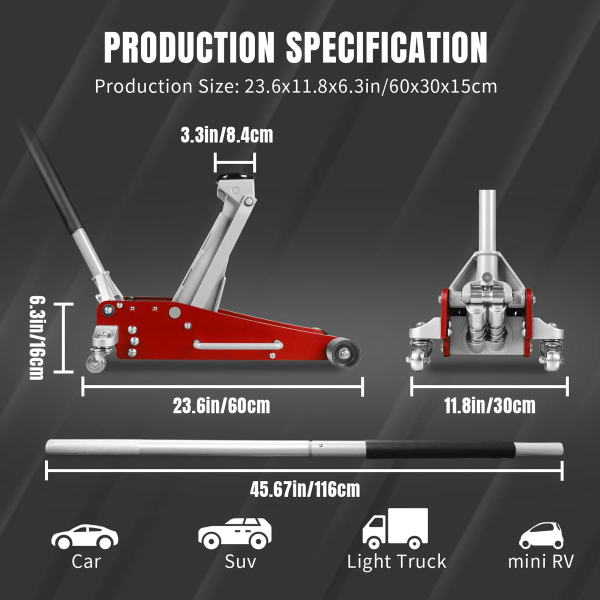 Jack Boss 3 Ton Low Profile, Aluminum and Steel Racing Floor Jack with Dual Pistons Quick Lift Pump, 1.5X Overload Tested for Safety, Sport Utility Vehicle, Lifting Range 3-15/16" min to 18-5/16" max