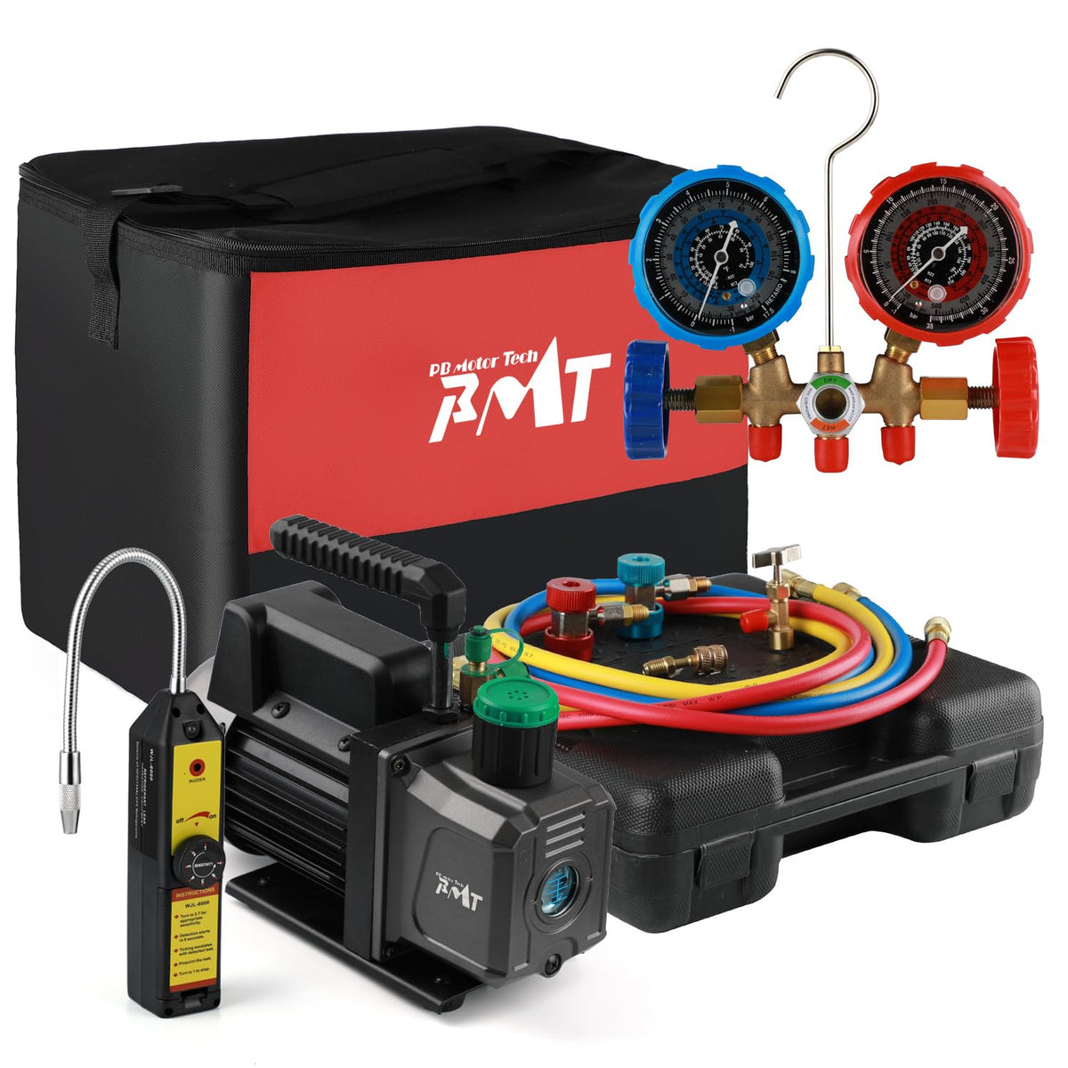 PB Motor Tech Vacuum Pump Kit with 3-Way Manifold Gauge & Leak Detector