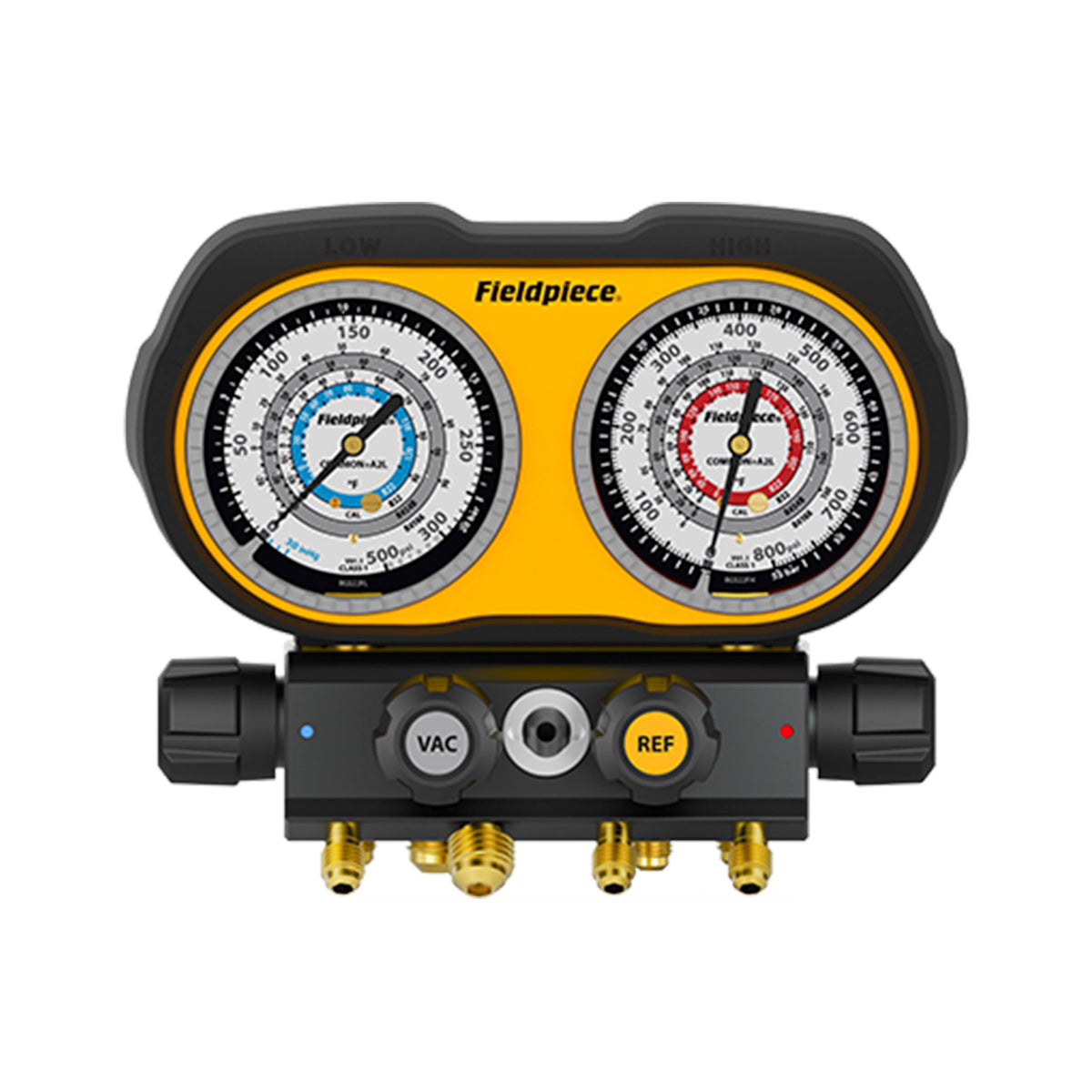 Fieldpiece GS422F 4-Port Analog Manifold Gauge Set | HVACR Refrigerant Manifold w/Sight Glass - Compatible with R22, R32, R454B, R410A - Swappable Hose Holders & High-Grip Knobs