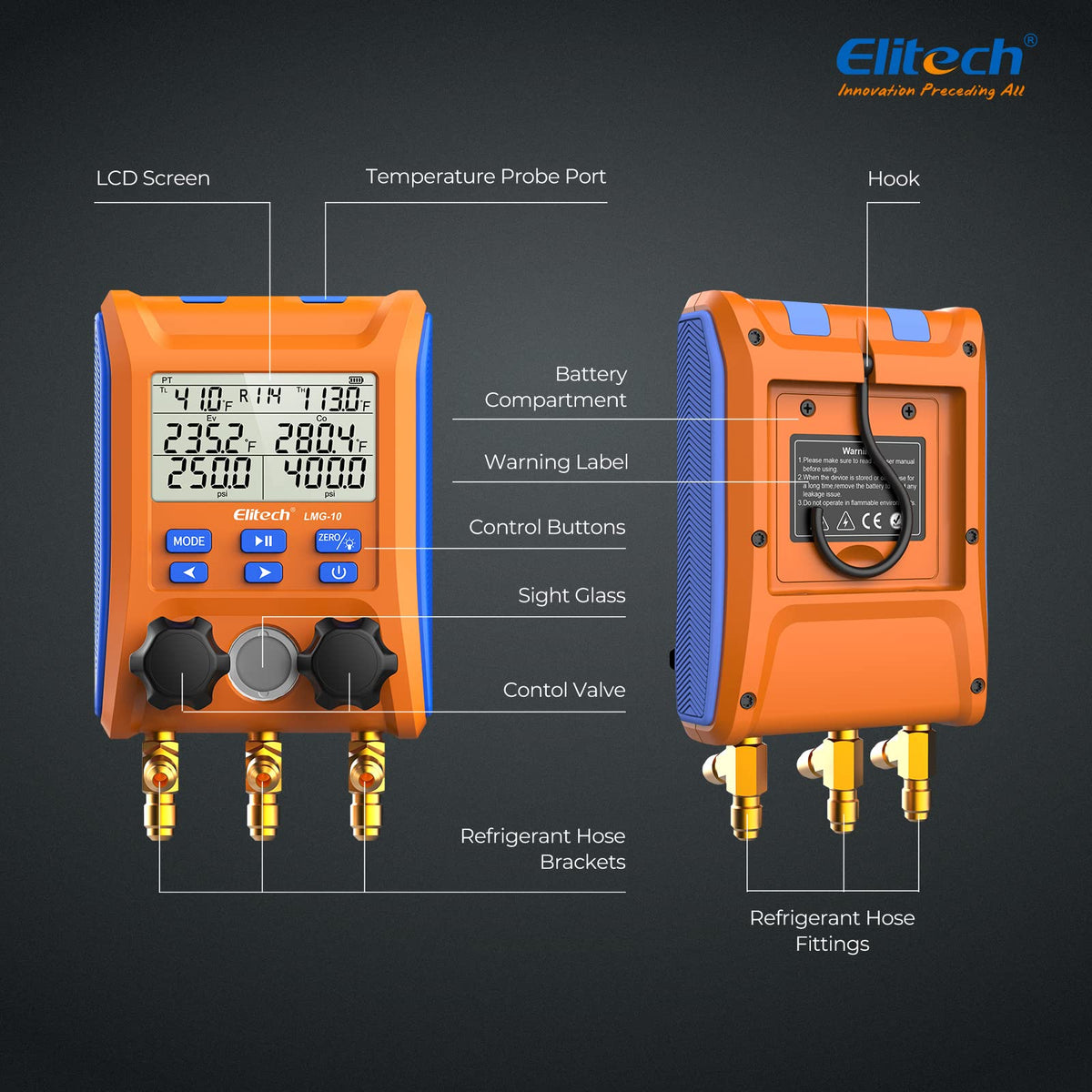 Elitech LMG-10Plus HVAC Digital Manifold Kit w/Hoses & R410A Adapter