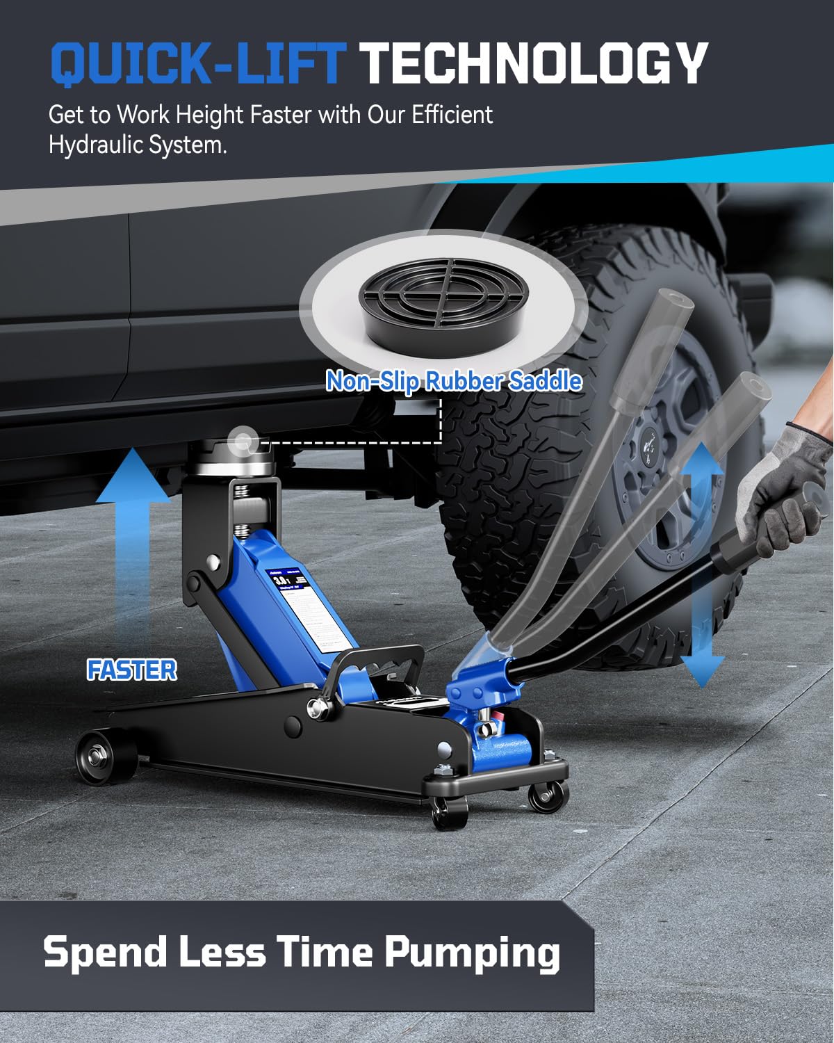 AUTOWN 3 Ton Floor Jack, Alloy Steel Hydraulic Car Jack with Quick Lift & Cross-Shape Rubber Pad, 7.1-20.9 Inch Lifting Range for SUV Truck (6600 lbs)