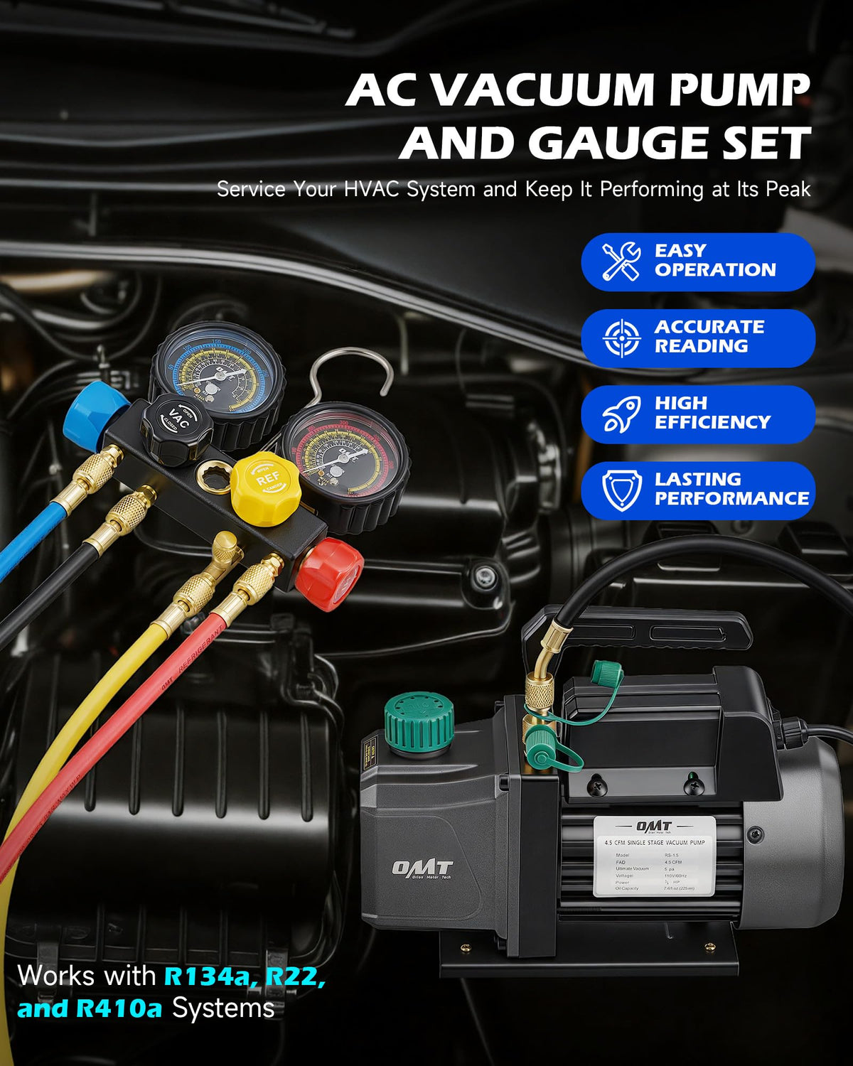 OMT 4.5 CFM AC Vacuum Pump and Gauge Set for R134a R22 R410a, Blue