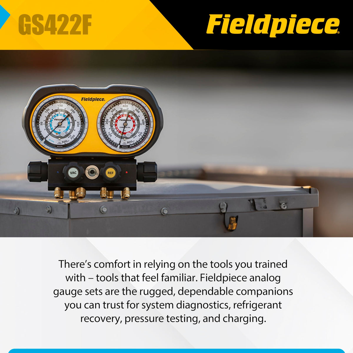 Fieldpiece GS422F 4-Port Analog Manifold Gauge Set | HVACR Refrigerant Manifold w/Sight Glass - Compatible with R22, R32, R454B, R410A - Swappable Hose Holders & High-Grip Knobs