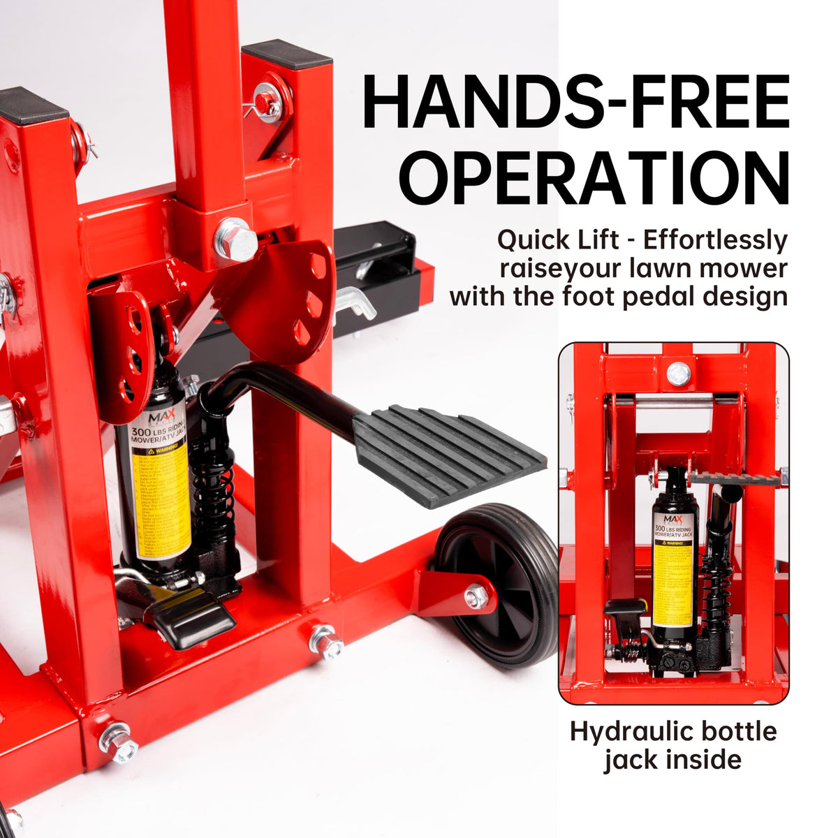 300lb Capacity, Adjustable Riding Lift Jack Heavy Duty Construction with Safety Lock, Non-Slip Wheels&Handle for Tractors, Atvs and Zero Turn Lawn Mowers