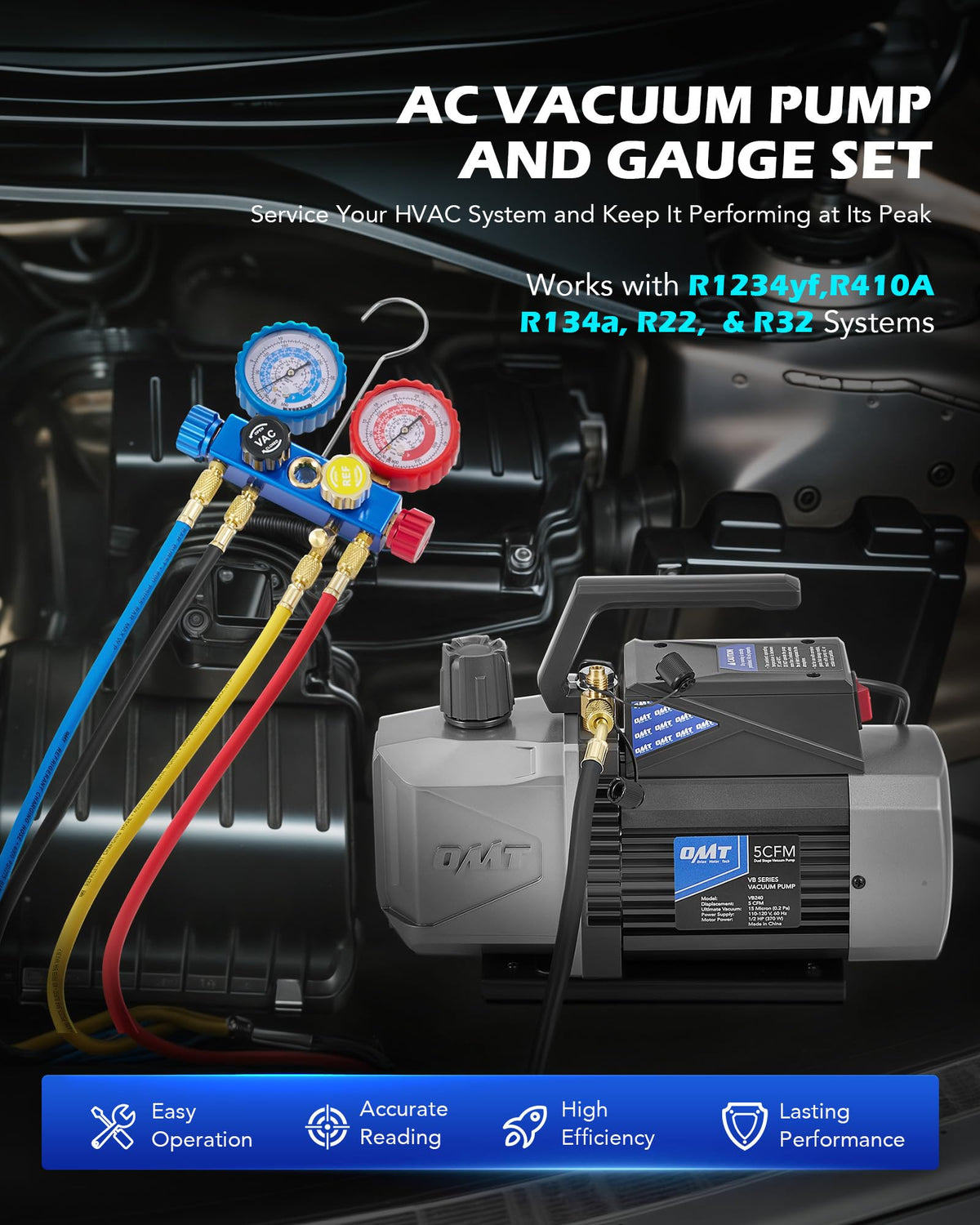 OMT AC Vacuum Pump and Gauge Set, 5 CFM 2 Stage, R1234yf R32 R134a R410A