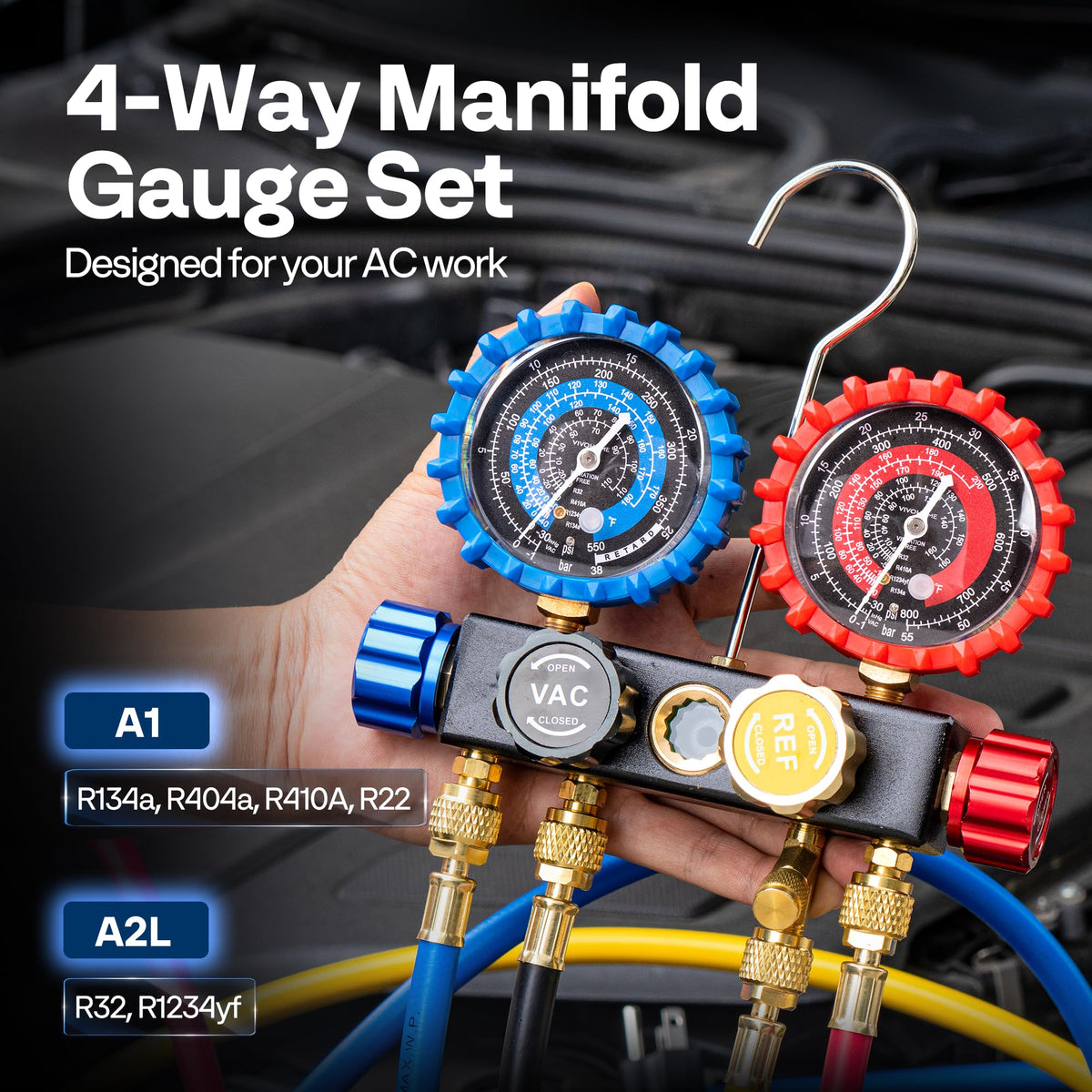 VIVOHOME 4 Way HVAC Gauges with R134a R1234yf Quick Couplers and Can Taps