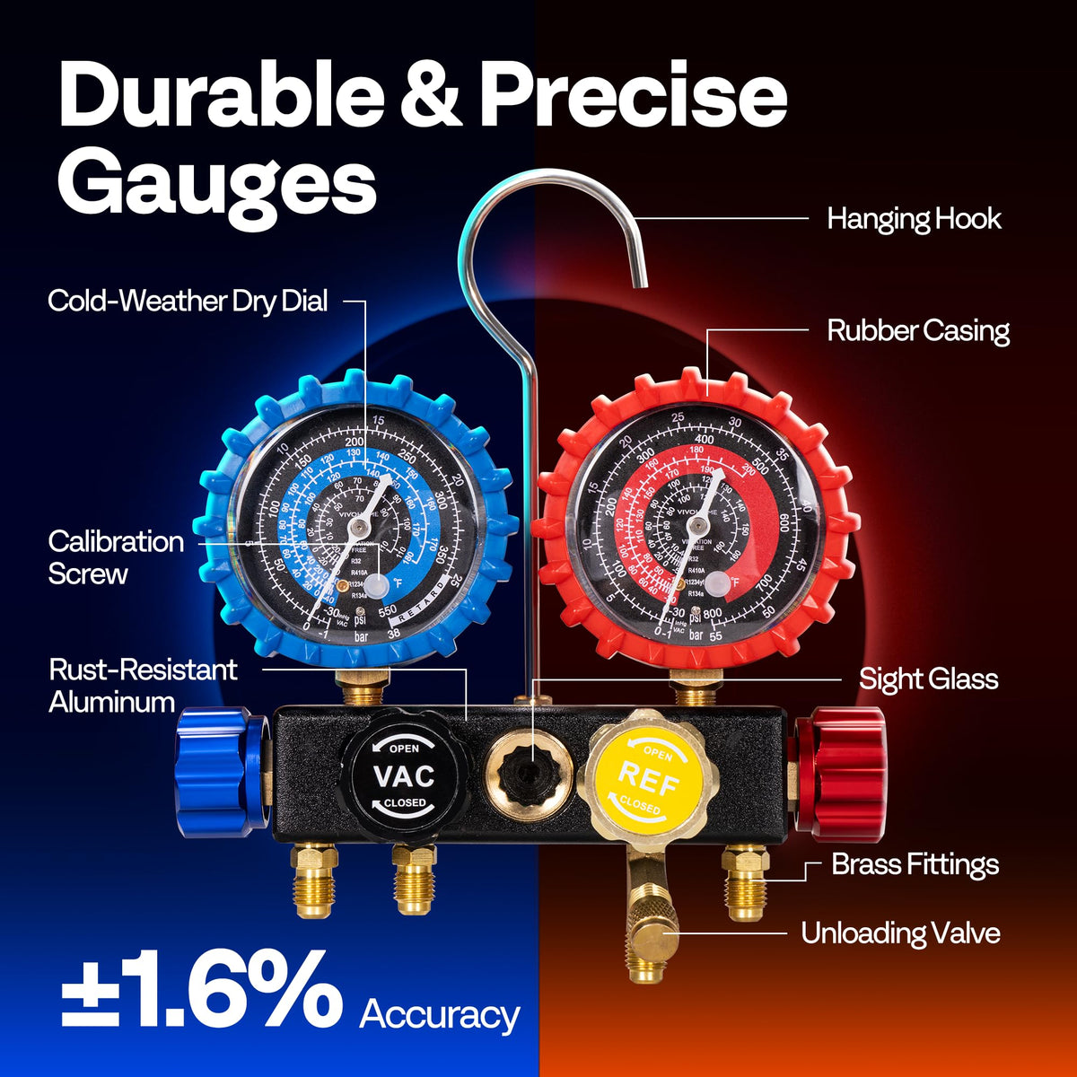 VIVOHOME 4 Way HVAC Gauges with R134a R1234yf Quick Couplers and Can Taps