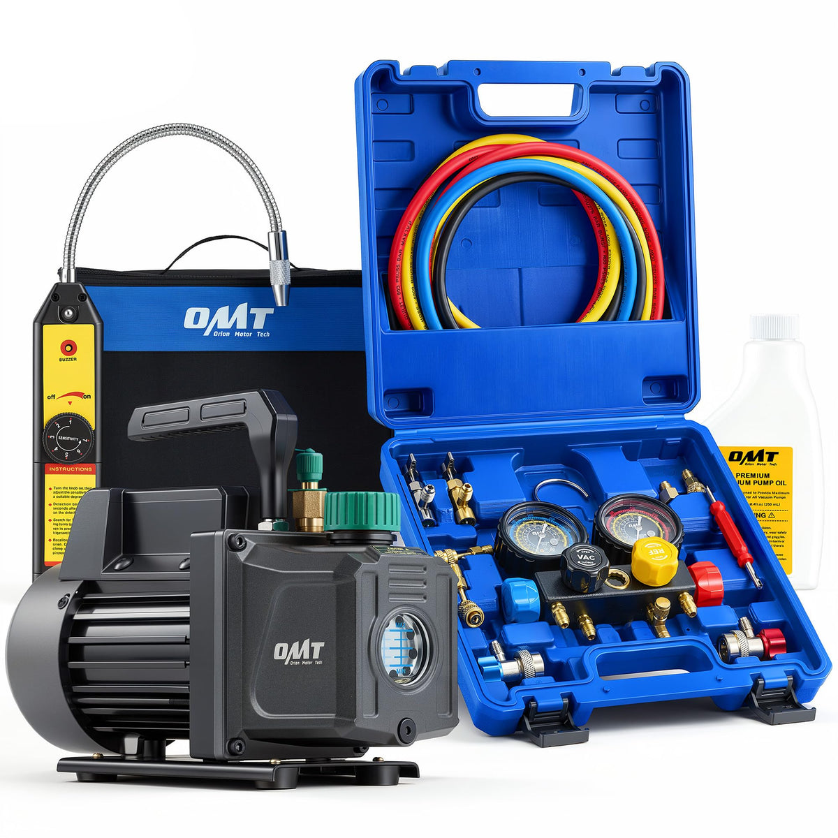 OMT 4.5 CFM AC Vacuum Pump and Gauge Set for R134a R22 R410a, Blue