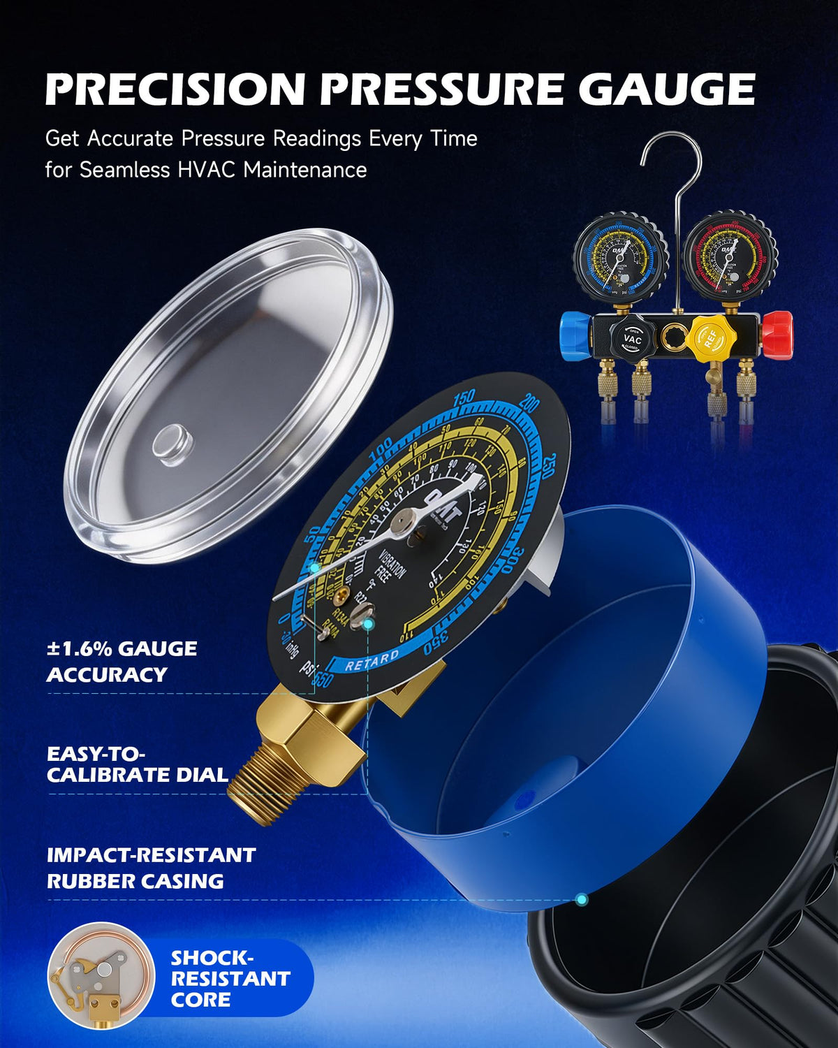 OMT 4.5 CFM AC Vacuum Pump and Gauge Set for R134a R22 R410a, Blue