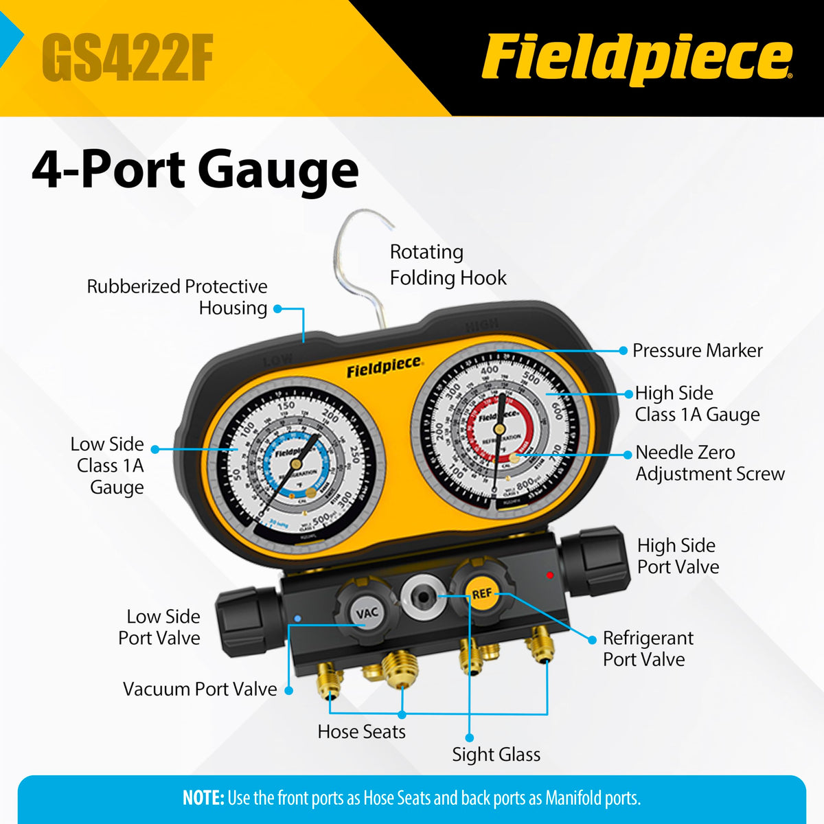 Fieldpiece GS422F 4-Port Analog Manifold Gauge Set | HVACR Refrigerant Manifold w/Sight Glass - Compatible with R22, R32, R454B, R410A - Swappable Hose Holders & High-Grip Knobs