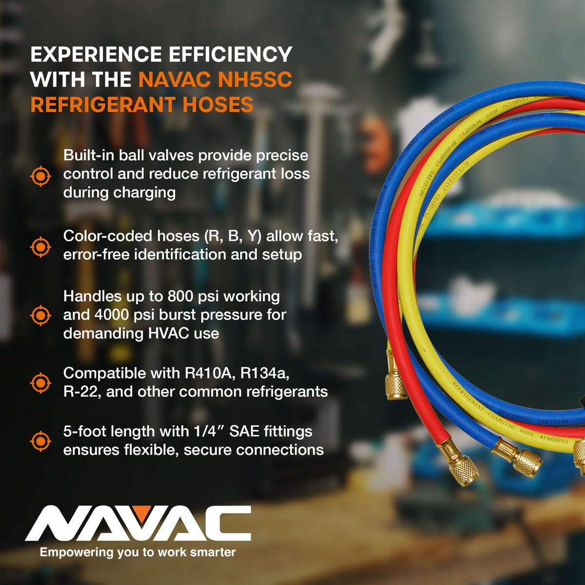 NAVAC NH5SC HVAC Charging Hoses with Ball Valves - 5 ft, 3-Color Kit