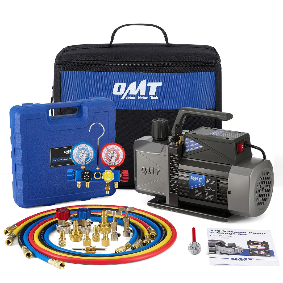 OMT AC Vacuum Pump and Gauge Set, 5 CFM 2 Stage, R1234yf R32 R134a R410A