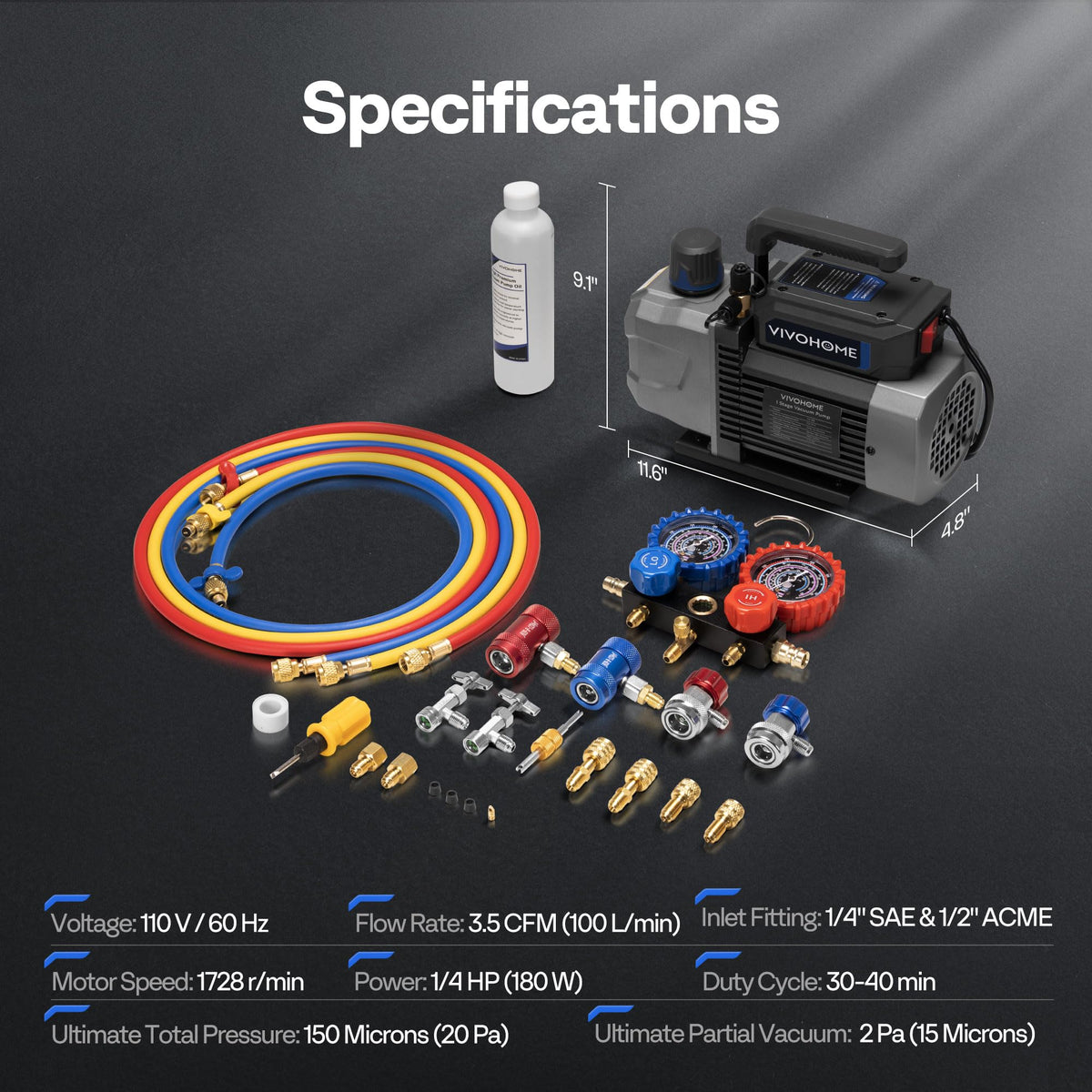 VIVOHOME A2L 1/4 HP 3.5CFM 1 Stage AC Vacuum Pump and Manifold Gauge Set