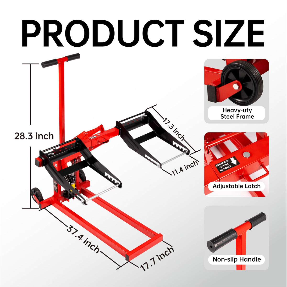 300lb Capacity, Adjustable Riding Lift Jack Heavy Duty Construction with Safety Lock, Non-Slip Wheels&Handle for Tractors, Atvs and Zero Turn Lawn Mowers