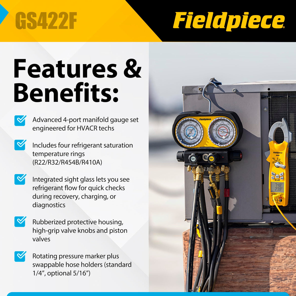 Fieldpiece GS422F 4-Port Analog Manifold Gauge Set | HVACR Refrigerant Manifold w/Sight Glass - Compatible with R22, R32, R454B, R410A - Swappable Hose Holders & High-Grip Knobs